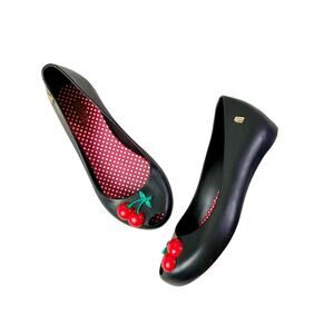 Melissa Black With Cherries Peep-Toe Ballet Flats Size Girls 1